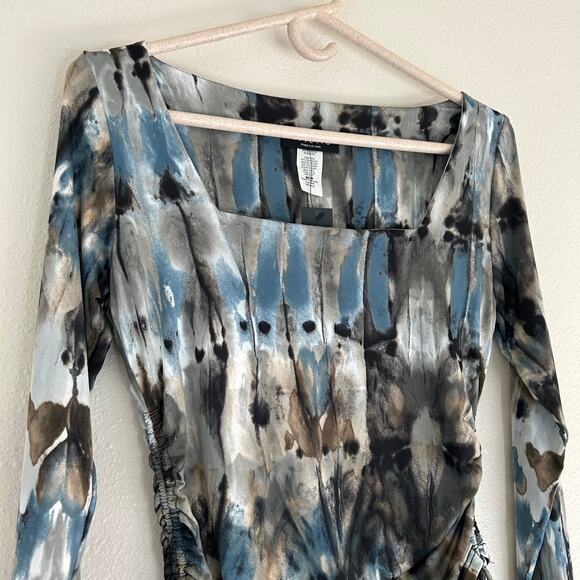 New Ariella long sleeve square neck ruched sides abstract boho grunge stretch S - Picture 4 of 12